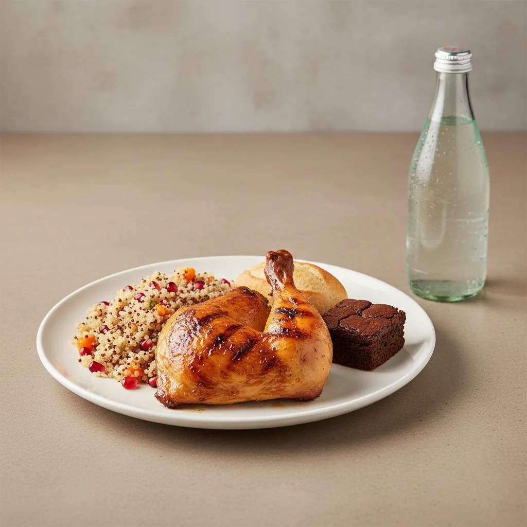 Spit-roasted Chicken, Quinoa, Brownie, Sparkling Water Spit-roasted Chicken, Quinoa, Brownie, Sparkling Water