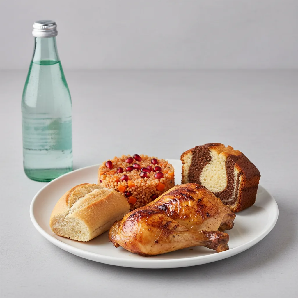 Spit-roasted Chicken, Quinoa, Poundcake, Sparkling Water Spit-roasted Chicken, Quinoa, Poundcake, Sparkling Water