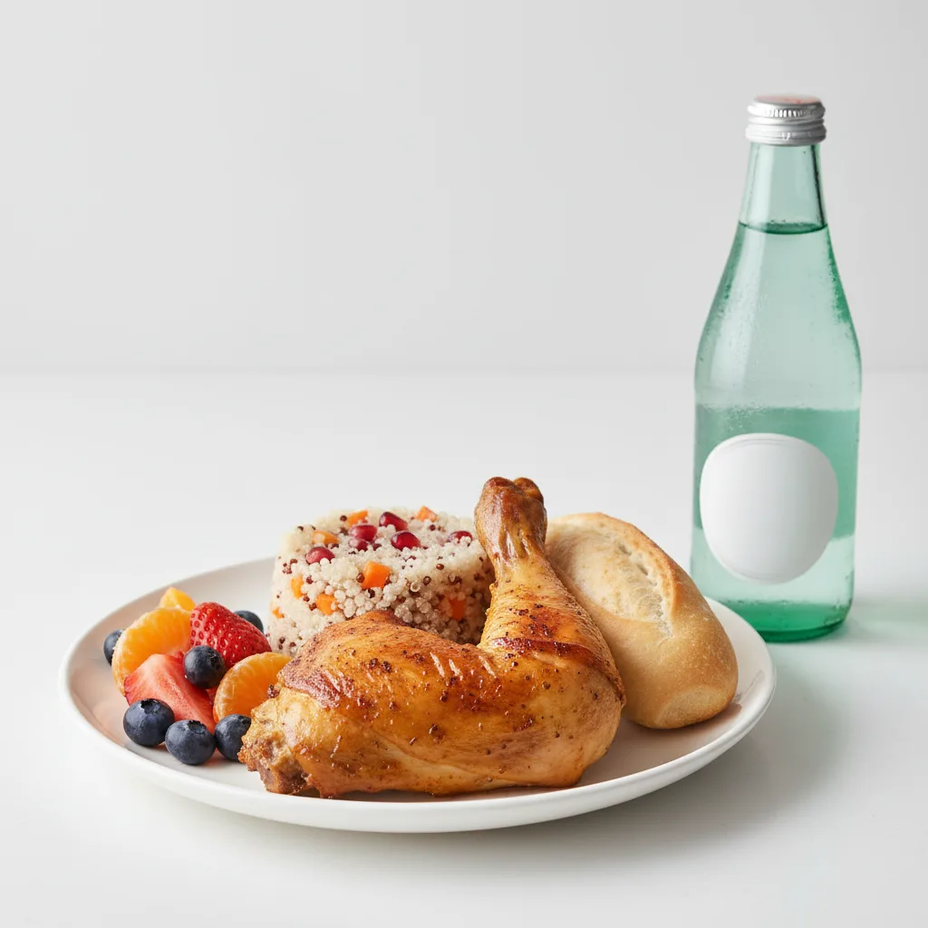Spit-roasted Chicken, Quinoa, Fruit, Sparkling Water Spit-roasted Chicken, Quinoa, Fruit, Sparkling Water