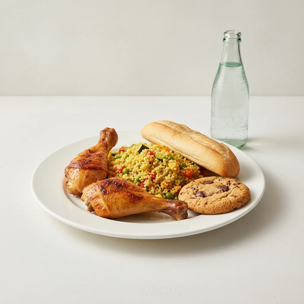 Spit-roasted Chicken, Curried Vegetable Couscous, Cookie, Sparkling Water Spit-roasted Chicken, Curried Vegetable Couscous, Cookie, Sparkling Water