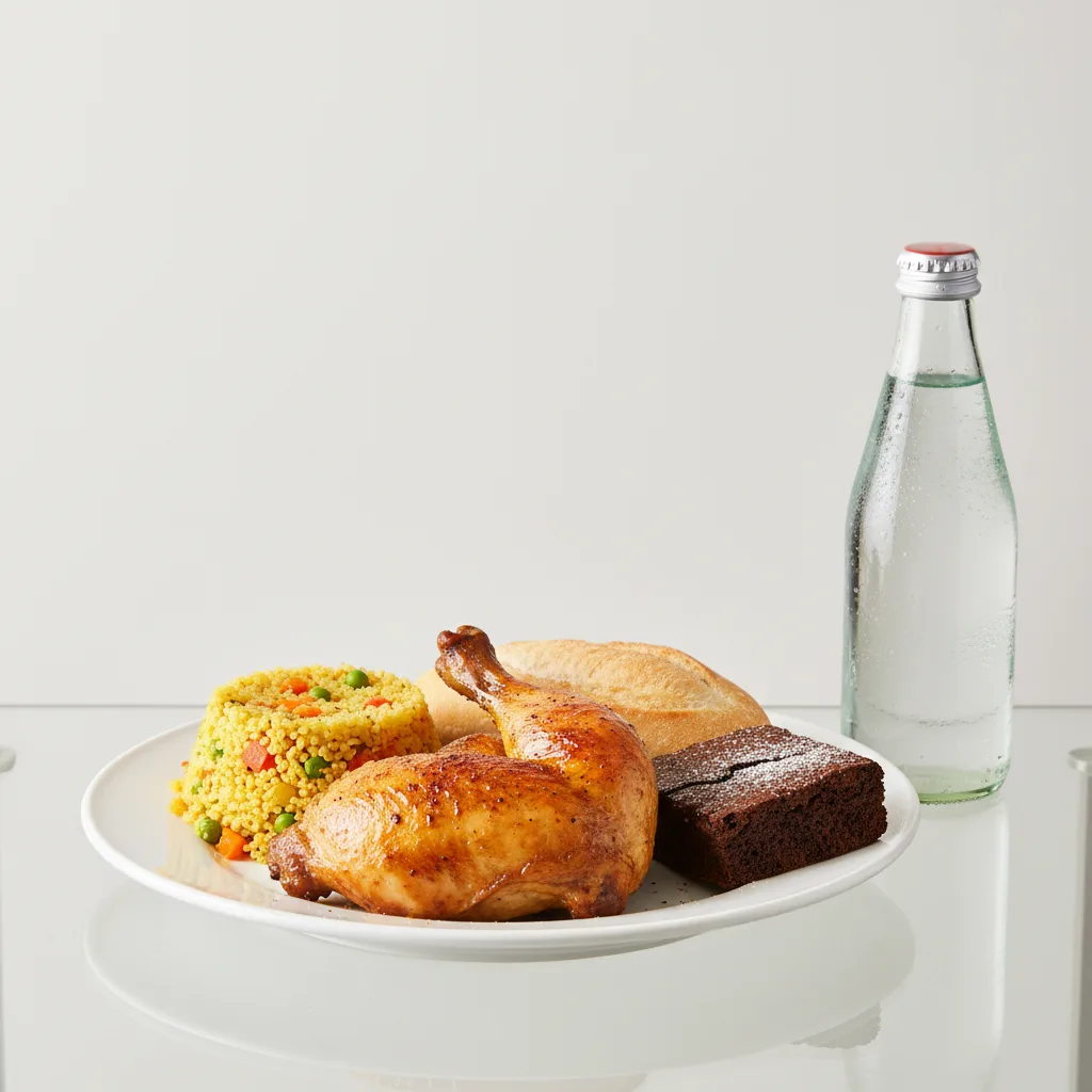 Spit-roasted Chicken, Curried Vegetable Couscous, Brownie, Sparkling Water Spit-roasted Chicken, Curried Vegetable Couscous, Brownie, Sparkling Water
