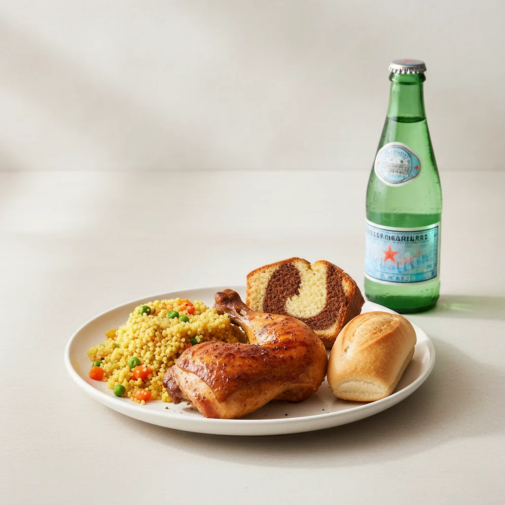 Spit-roasted Chicken, Curried Vegetable Couscous, Poundcake, Sparkling Water Spit-roasted Chicken, Curried Vegetable Couscous, Poundcake, Sparkling Water