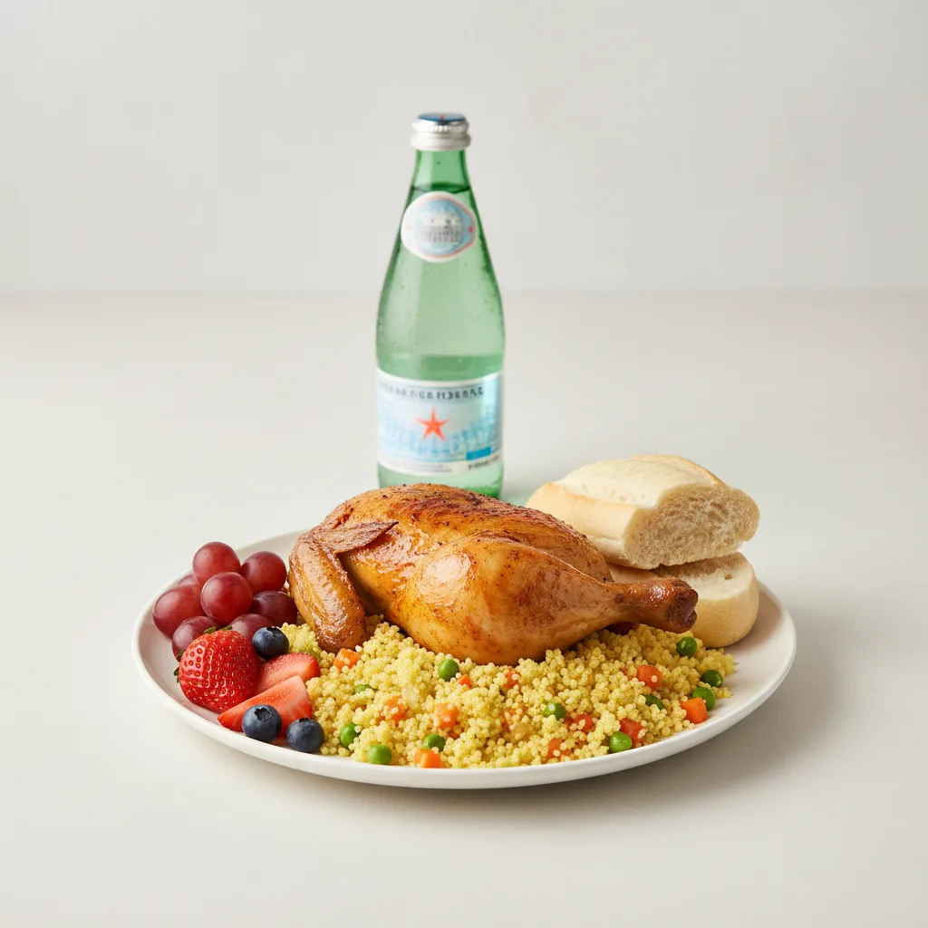 Spit-roasted Chicken, Curried Vegetable Couscous, Fruit, Sparkling Water Spit-roasted Chicken, Curried Vegetable Couscous, Fruit, Sparkling Water