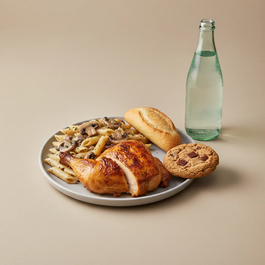Spit-roasted Chicken, Penne with Mushroom, Cookie, Sparkling Water Spit-roasted Chicken, Penne with Mushroom, Cookie, Sparkling Water