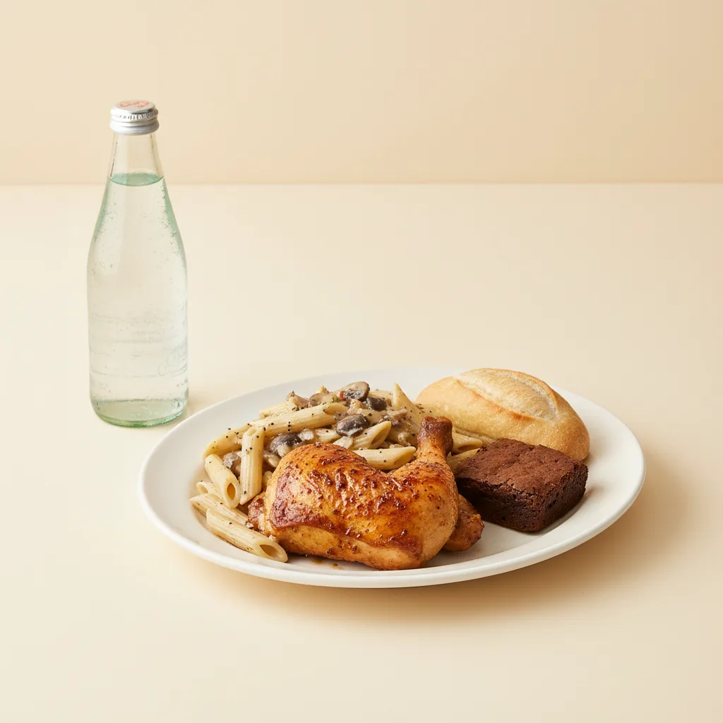 Spit-roasted Chicken, Penne with Mushroom, Brownie, Sparkling Water Spit-roasted Chicken, Penne with Mushroom, Brownie, Sparkling Water