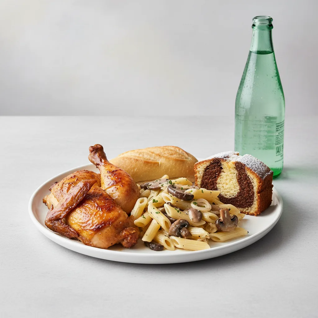 Spit-roasted Chicken, Penne with Mushroom, Poundcake, Sparkling Water Spit-roasted Chicken, Penne with Mushroom, Poundcake, Sparkling Water