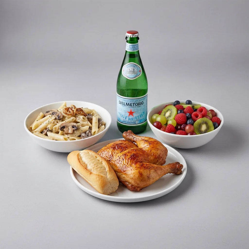 Spit-roasted Chicken, Penne with Mushroom, Fruit, Sparkling Water Spit-roasted Chicken, Penne with Mushroom, Fruit, Sparkling Water