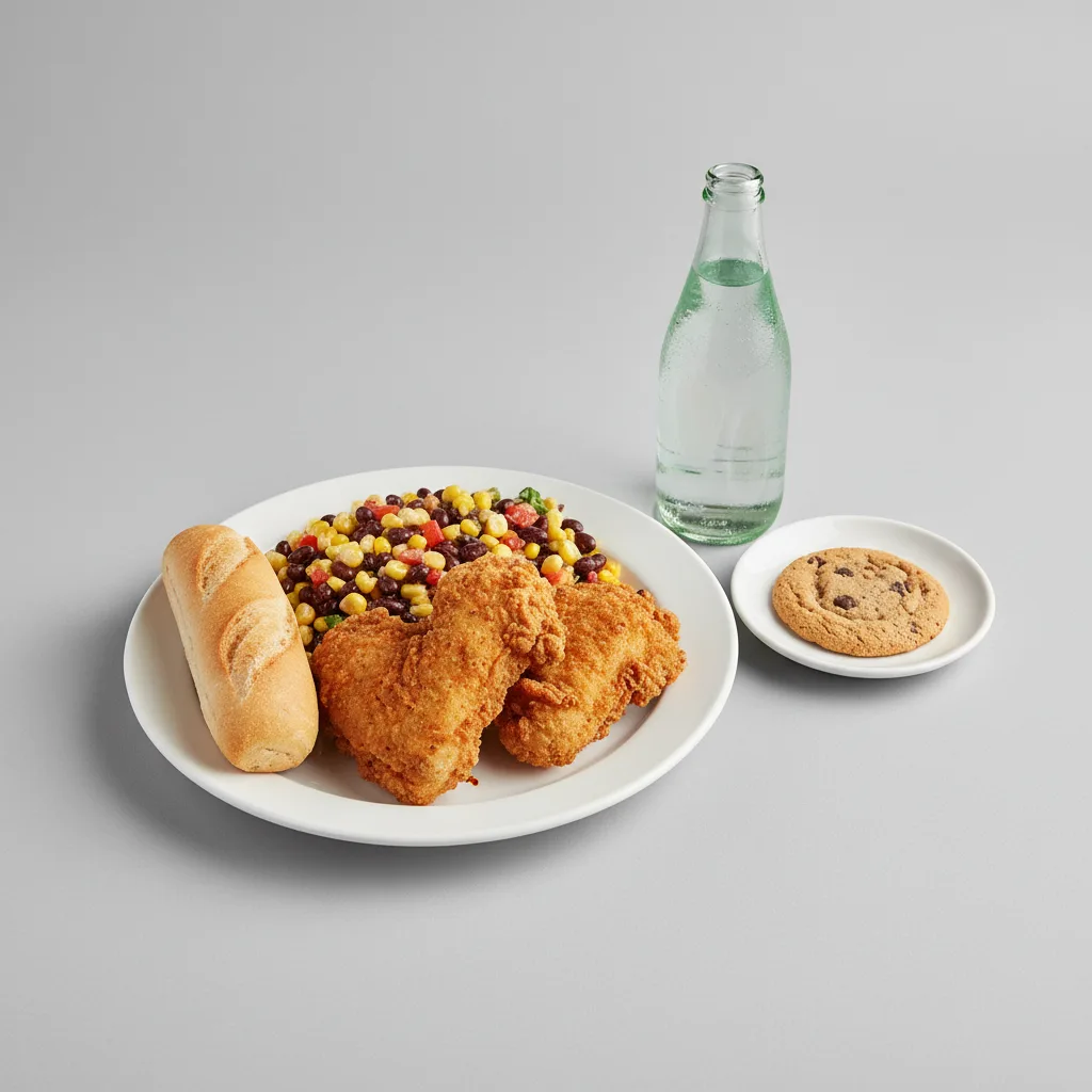 Fried Chicken, Corn and Bean Salad, Cookie, Sparkling Water Fried Chicken, Corn and Bean Salad, Cookie, Sparkling Water