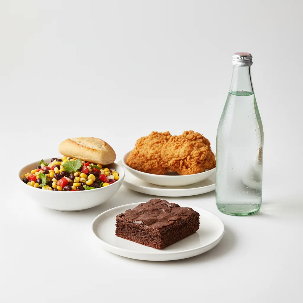 Fried Chicken, Corn and Bean Salad, Brownie, Sparkling Water Fried Chicken, Corn and Bean Salad, Brownie, Sparkling Water