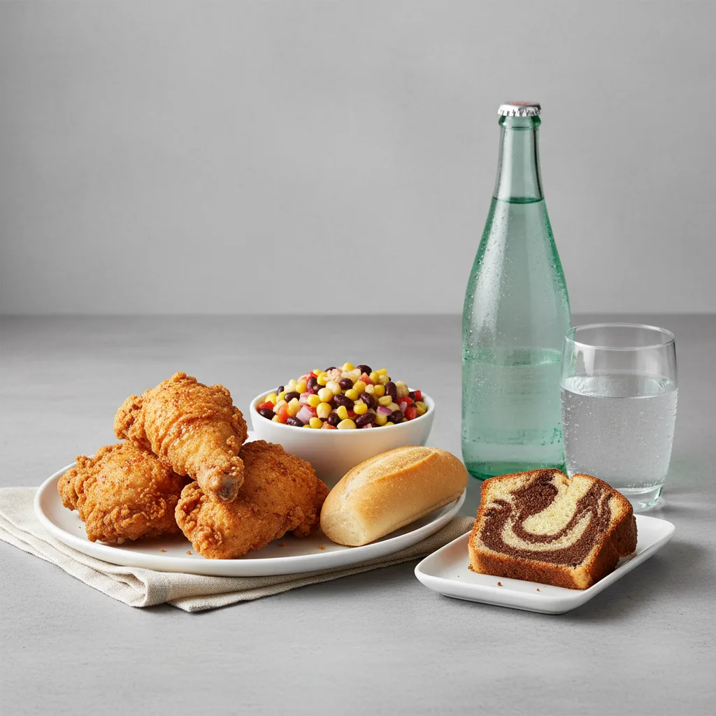 Fried Chicken, Corn and Bean Salad, Poundcake, Sparkling Water Fried Chicken, Corn and Bean Salad, Poundcake, Sparkling Water