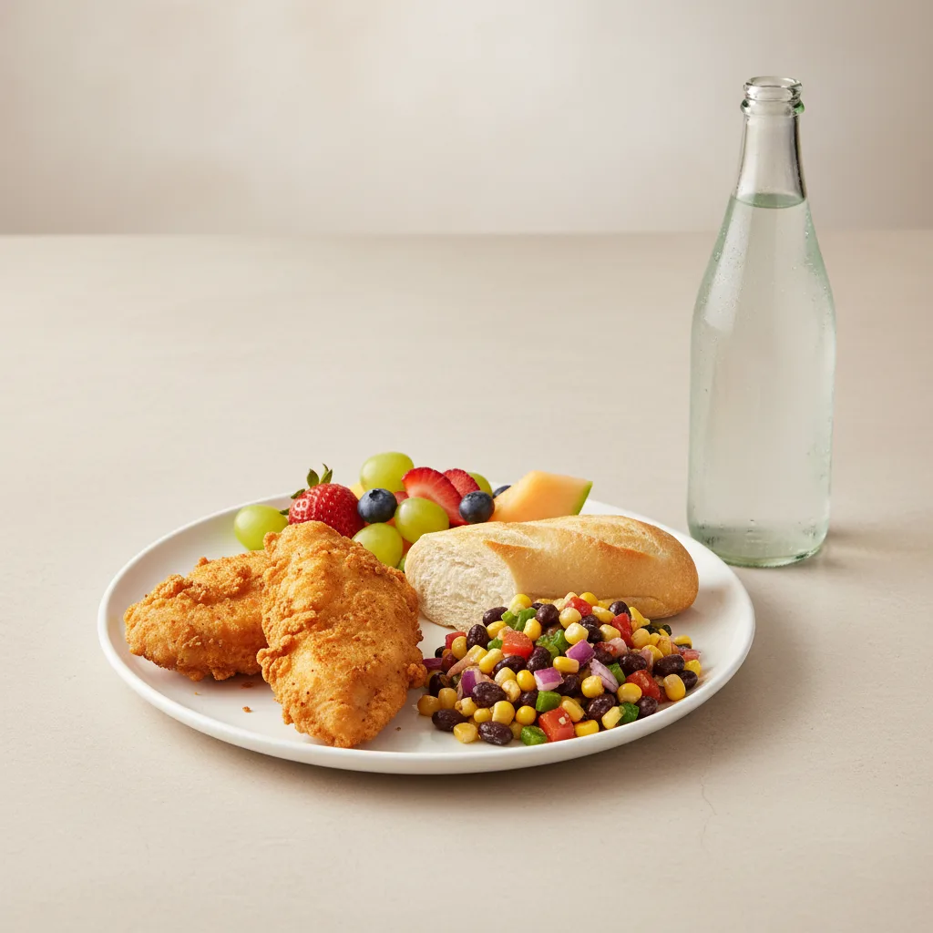Fried Chicken Sandwich, Corn and Black Bean Salad, Fruit, Sparkling Water Fried Chicken Sandwich, Corn and Black Bean Salad, Fruit, Sparkling Water