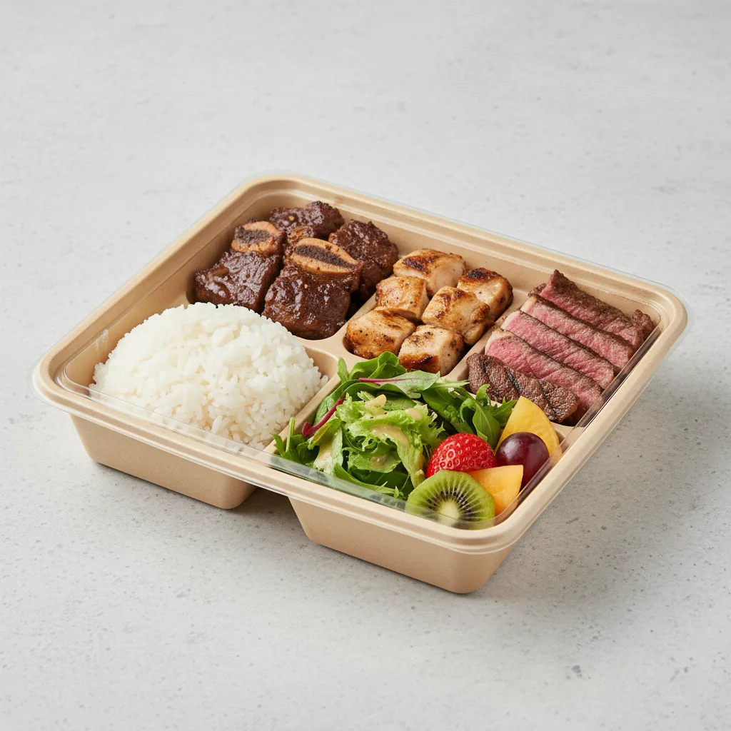 Steamed Rice Short Rib, Chicken, and Ribeye Bento Box Steamed Rice Short Rib, Chicken, and Ribeye Bento Box