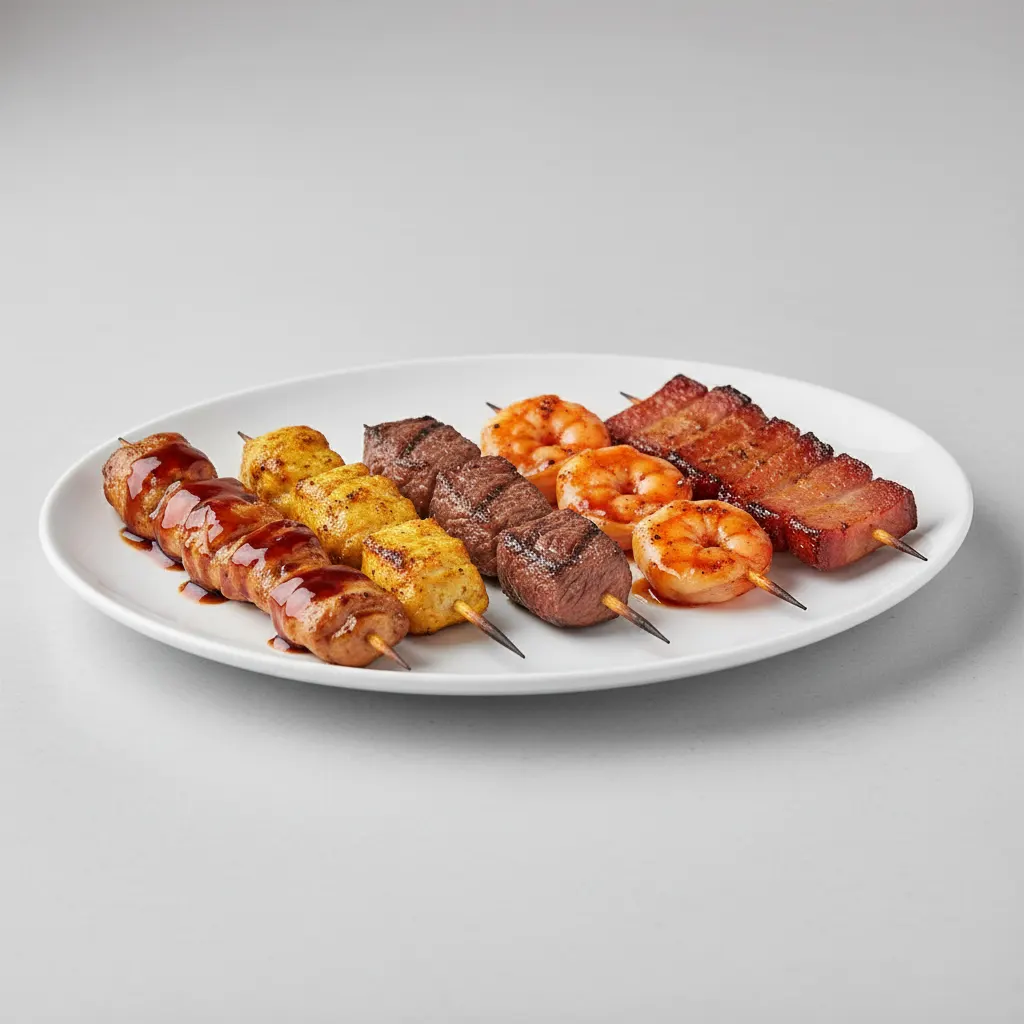 Robata Stix Sampler (1 Chicken Teriyaki, 1 Chicken Satay, 1 Beef Tenderloin, 1 Teriyaki Shrimp, 1 Chinese BBQ Pork) Robata Stix Sampler (1 Chicken Teriyaki, 1 Chicken Satay, 1 Beef Tenderloin, 1 Teriyaki Shrimp, 1 Chinese BBQ Pork)