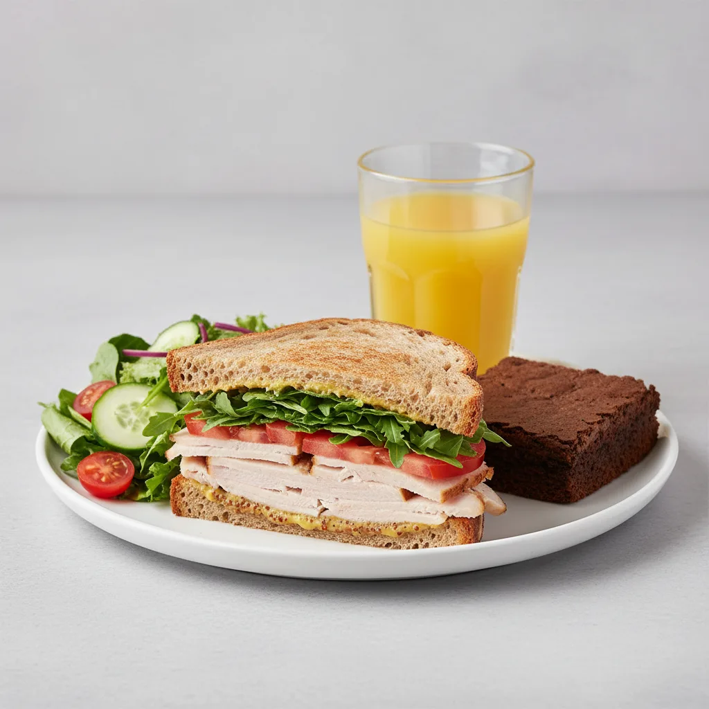 Turkey Sandwich with House Salad, Brownie, Orange Juice Turkey Sandwich with House Salad, Brownie, Orange Juice