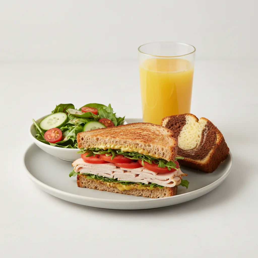 Turkey Sandwich with House Salad, Poundcake, Orange Juice Turkey Sandwich with House Salad, Poundcake, Orange Juice