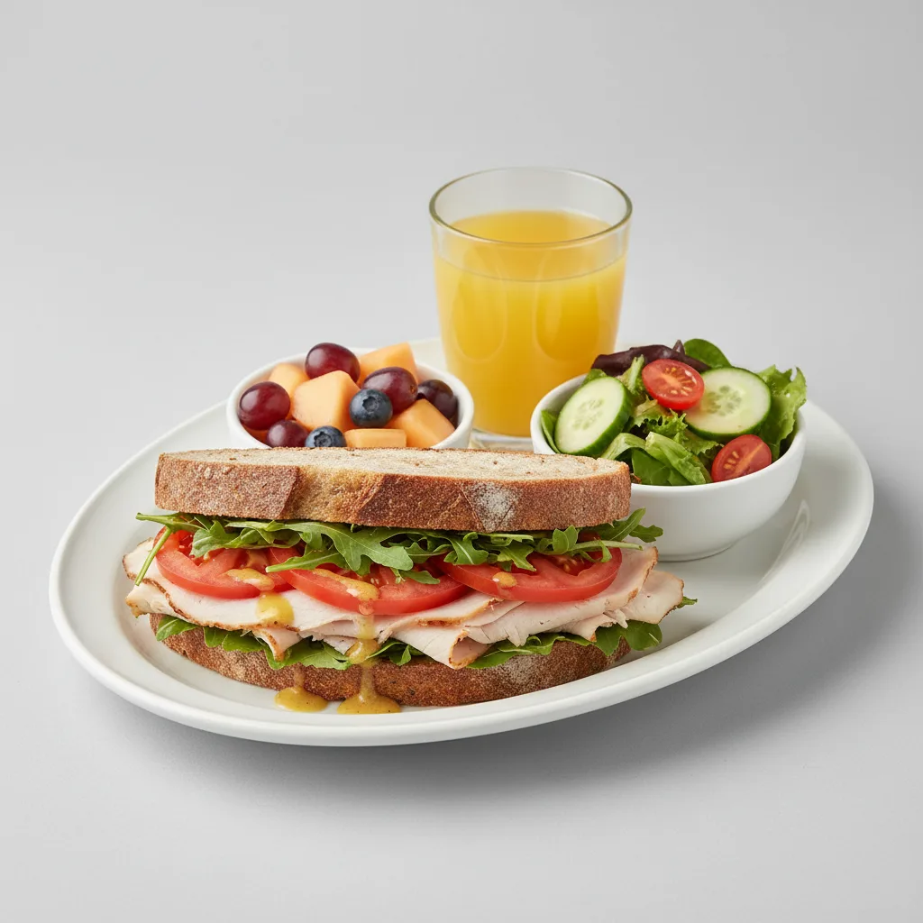 Turkey Sandwich with House Salad, Fruit, Orange Juice Turkey Sandwich with House Salad, Fruit, Orange Juice