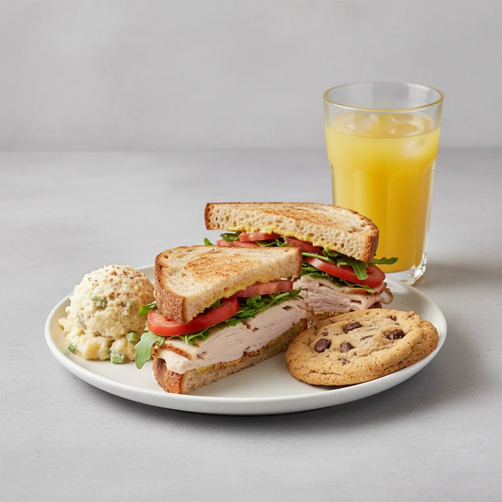 Turkey Sandwich with Potato Salad, Cookie, Orange Juice Turkey Sandwich with Potato Salad, Cookie, Orange Juice