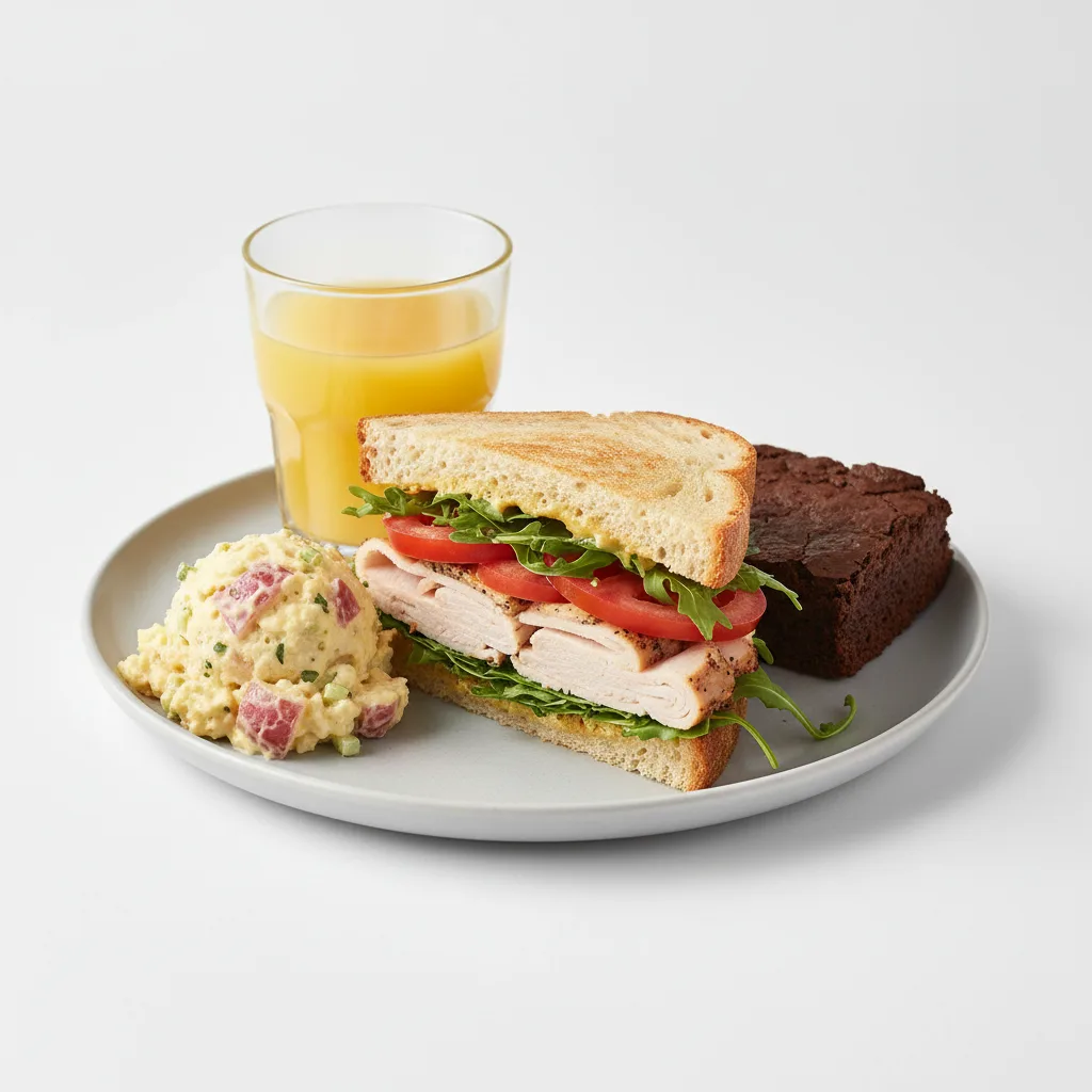 Turkey Sandwich with Potato Salad, Brownie, Orange Juice Turkey Sandwich with Potato Salad, Brownie, Orange Juice
