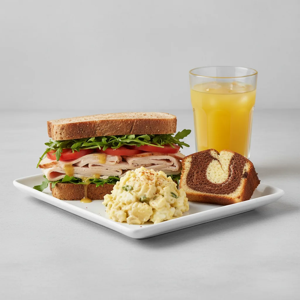 Turkey Sandwich with Potato Salad, Poundcake, Orange Juice Turkey Sandwich with Potato Salad, Poundcake, Orange Juice