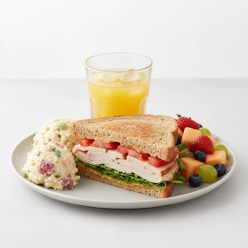 Turkey Sandwich with Potato Salad, Fruit, Orange Juice Turkey Sandwich with Potato Salad, Fruit, Orange Juice