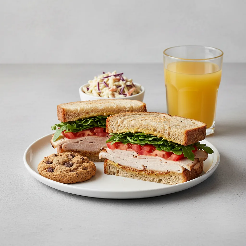 Turkey Sandwich with Coleslaw, Cookie, Orange Juice Turkey Sandwich with Coleslaw, Cookie, Orange Juice