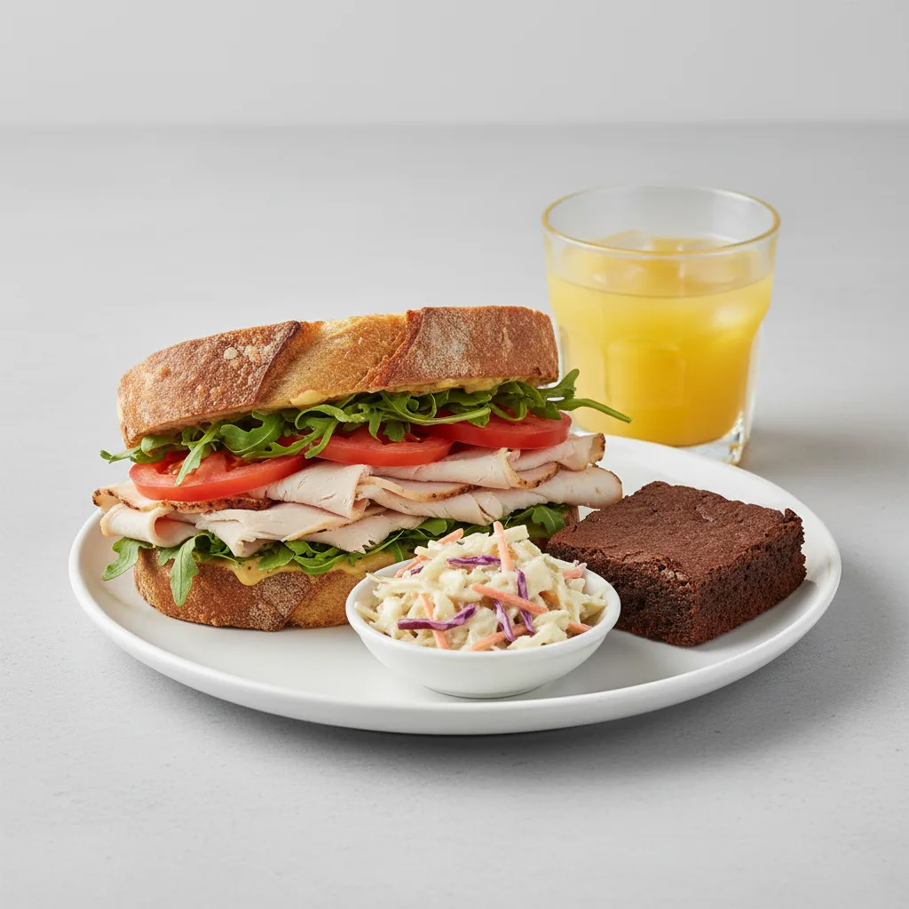 Turkey Sandwich with Coleslaw, Brownie, Orange Juice Turkey Sandwich with Coleslaw, Brownie, Orange Juice