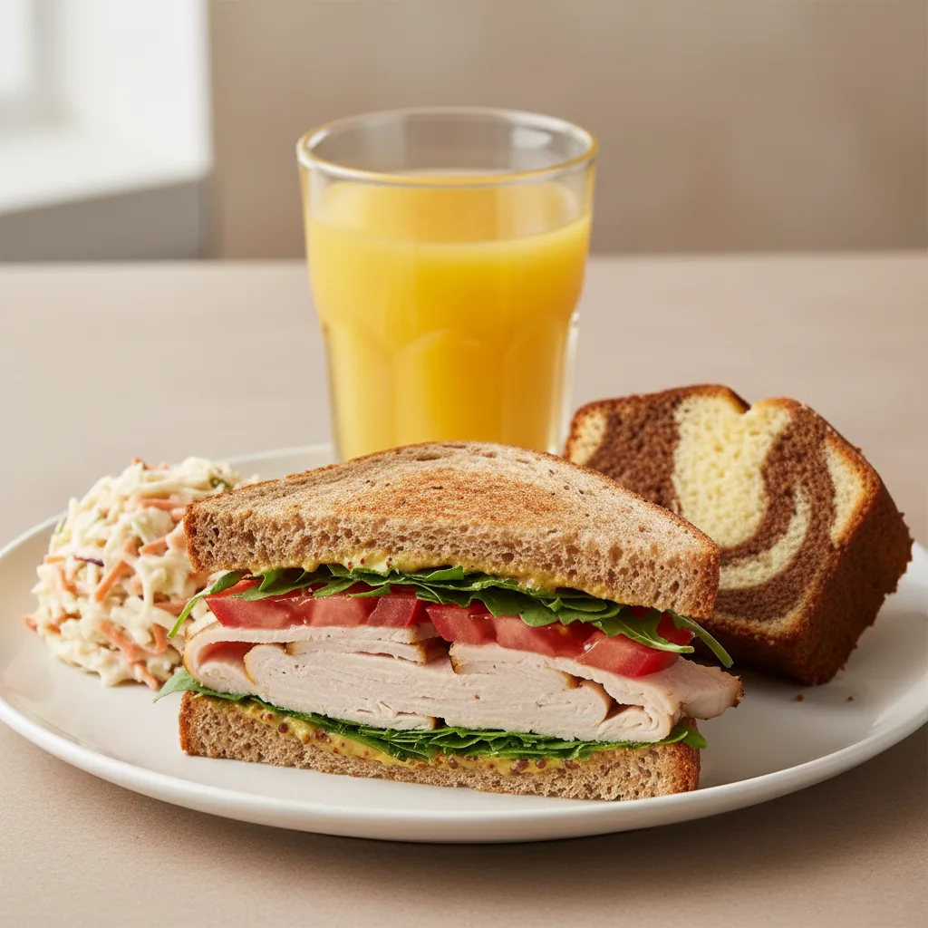 Turkey Sandwich with Coleslaw, Poundcake, Orange Juice Turkey Sandwich with Coleslaw, Poundcake, Orange Juice