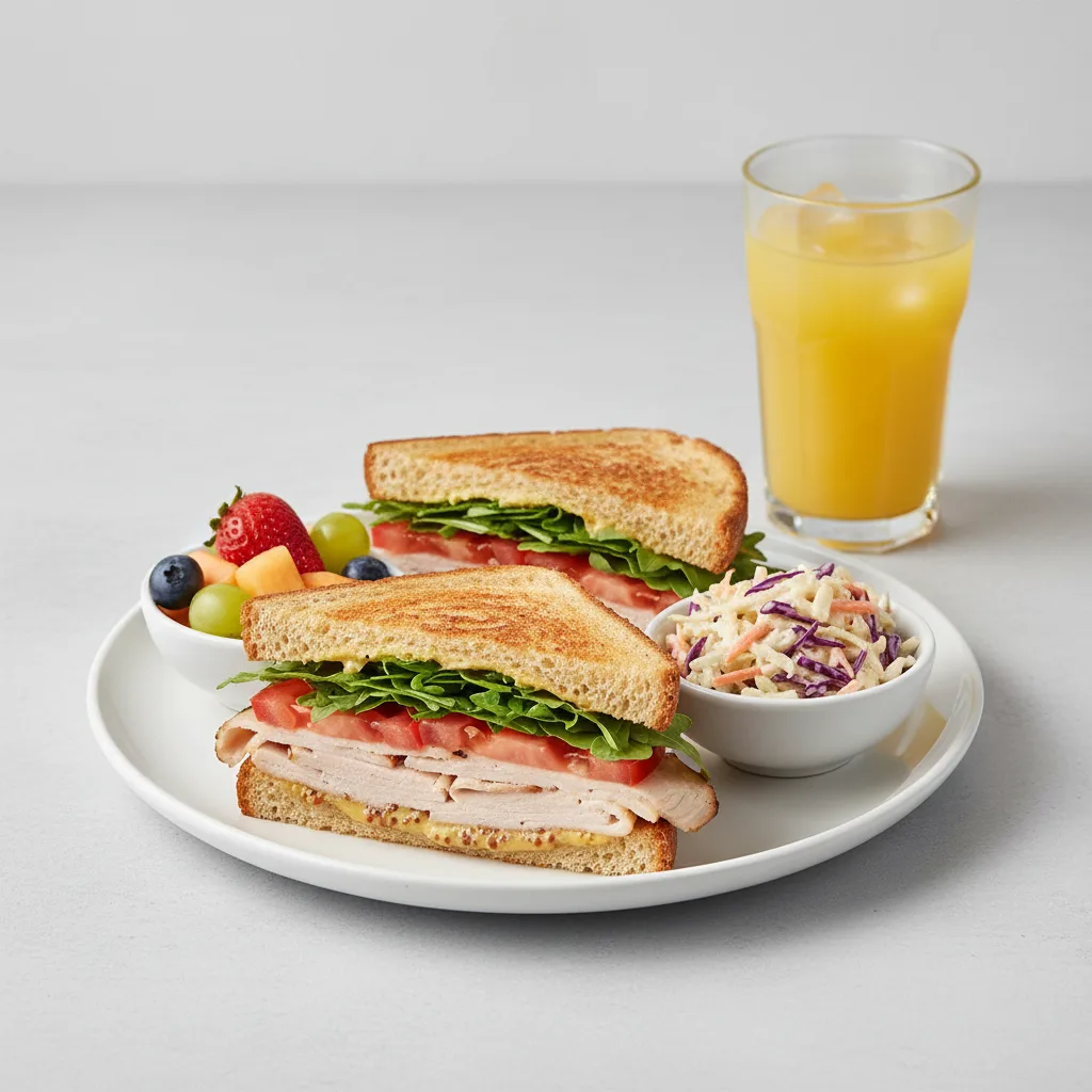 Turkey Sandwich with Coleslaw, Fruit, Orange Juice Turkey Sandwich with Coleslaw, Fruit, Orange Juice