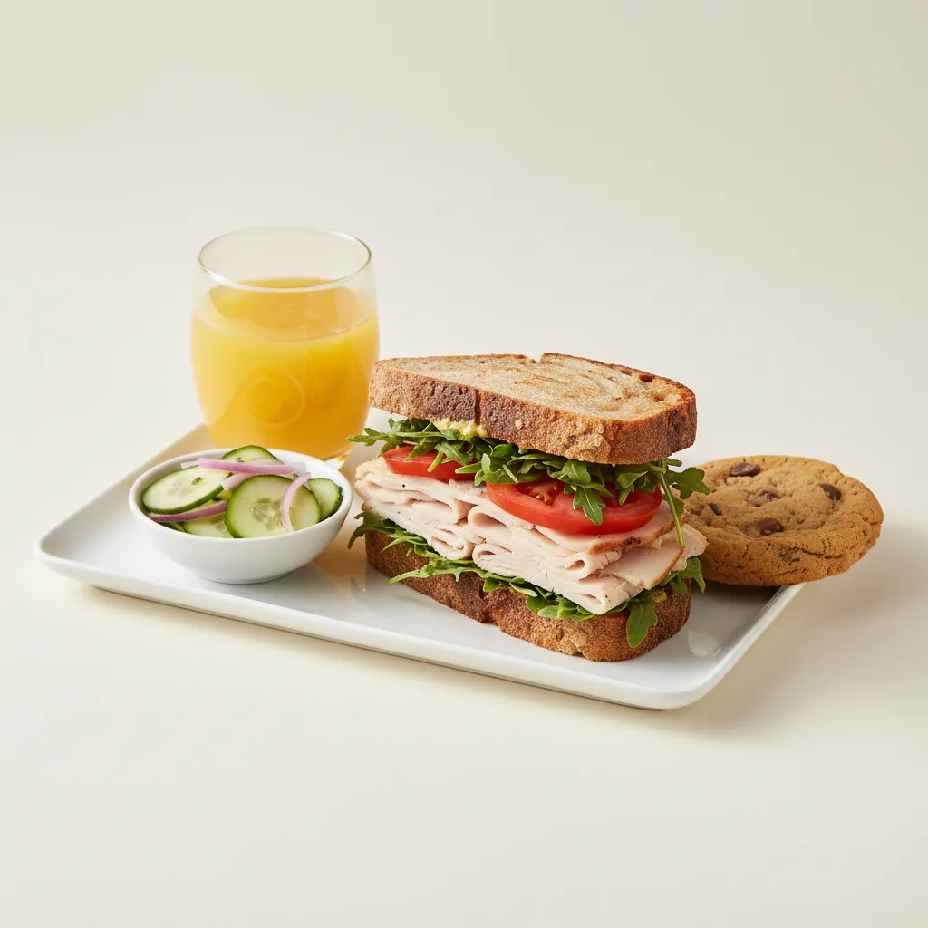Turkey Sandwich with Cucumber Salad, Cookie, Orange Juice Turkey Sandwich with Cucumber Salad, Cookie, Orange Juice