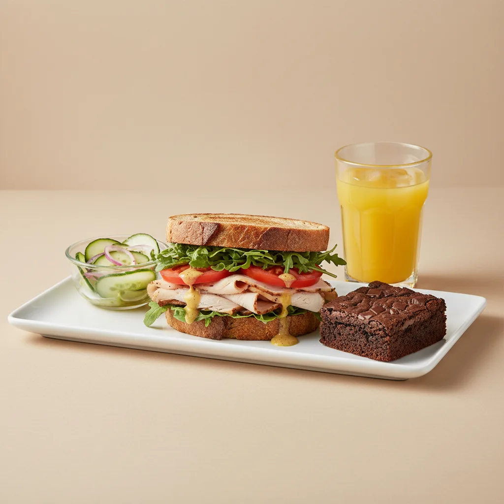 Turkey Sandwich with Cucumber Salad, Brownie, Orange Juice Turkey Sandwich with Cucumber Salad, Brownie, Orange Juice