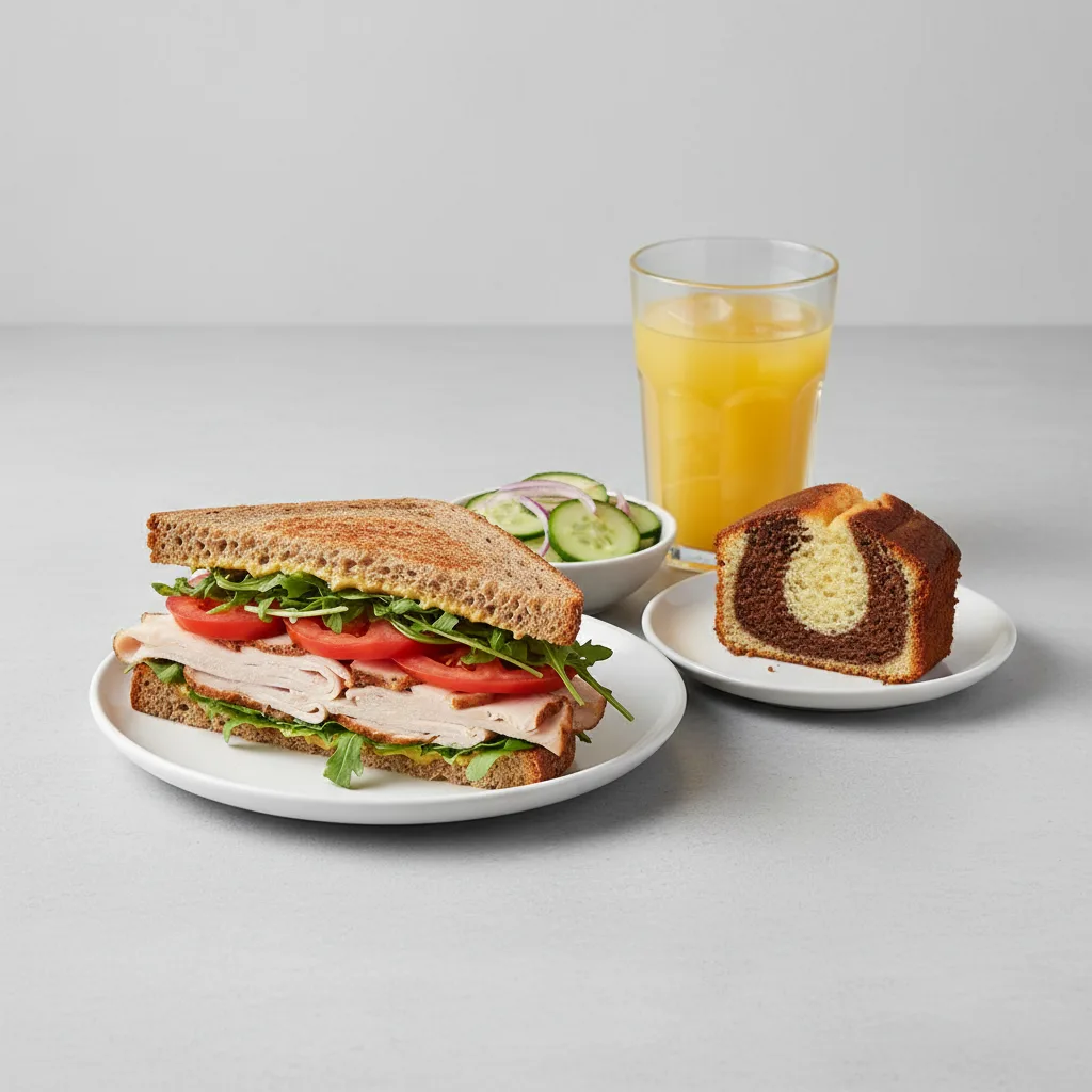 Turkey Sandwich with Cucumber Salad, Poundcake, Orange Juice Turkey Sandwich with Cucumber Salad, Poundcake, Orange Juice