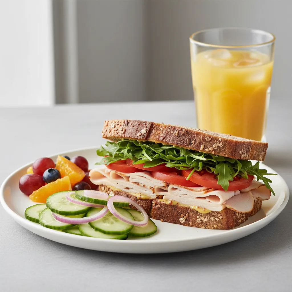 Turkey Sandwich with Cucumber Salad, Fruit, Orange Juice Turkey Sandwich with Cucumber Salad, Fruit, Orange Juice