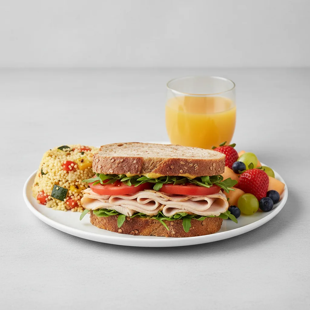Turkey Sandwich with Couscous, Fruit, Orange Juice Turkey Sandwich with Couscous, Fruit, Orange Juice