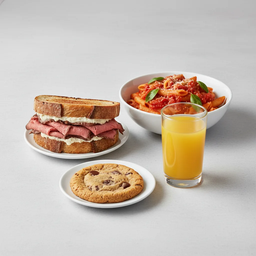 Roast Beef Sandwich, Tomato Basil Penne, Cookie, Orange Juice Roast Beef Sandwich, Tomato Basil Penne, Cookie, Orange Juice