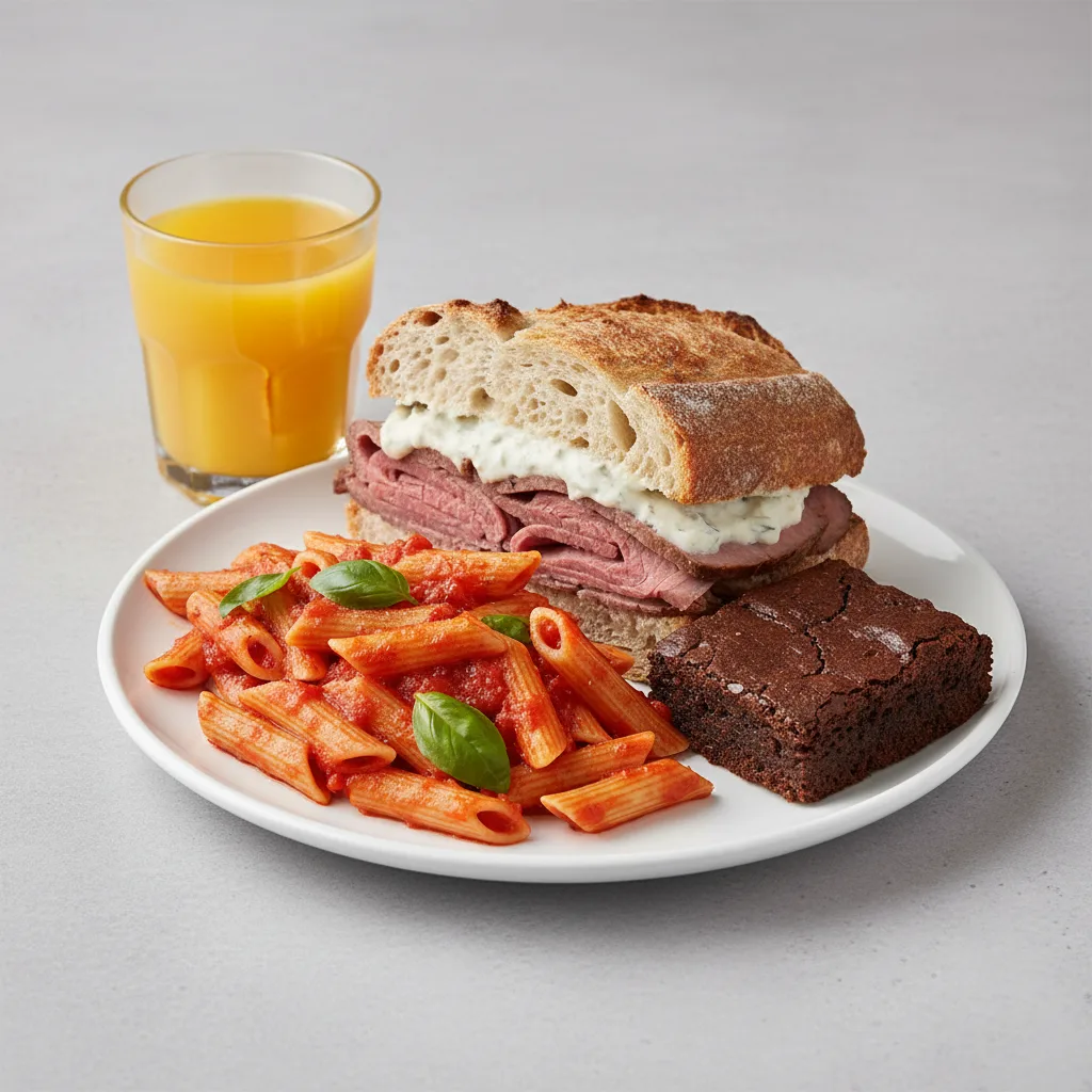 Roast Beef Sandwich, Tomato Basil Penne, Brownie, Orange Juice Roast Beef Sandwich, Tomato Basil Penne, Brownie, Orange Juice