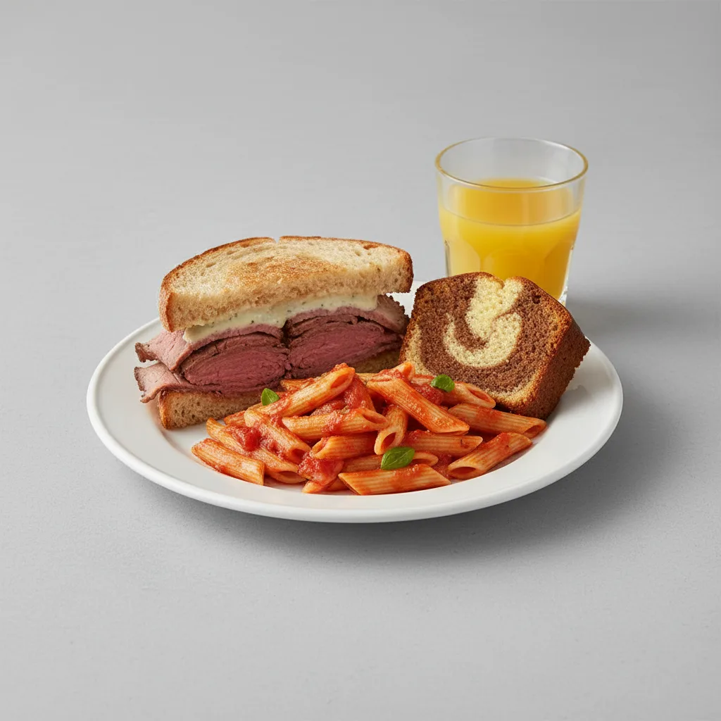 Roast Beef Sandwich, Tomato Basil Penne, Poundcake, Orange Juice Roast Beef Sandwich, Tomato Basil Penne, Poundcake, Orange Juice