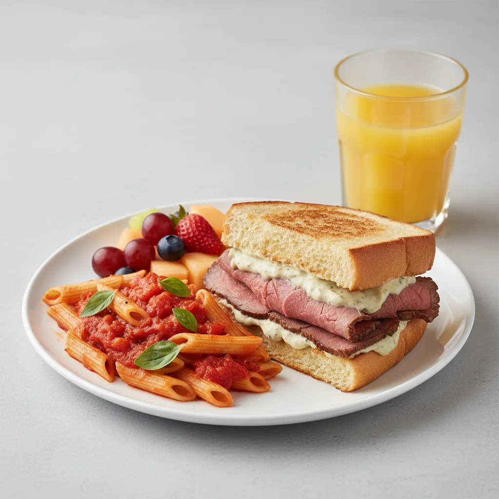 Roast Beef Sandwich, Tomato Basil Penne, Fruit, Orange Juice Roast Beef Sandwich, Tomato Basil Penne, Fruit, Orange Juice