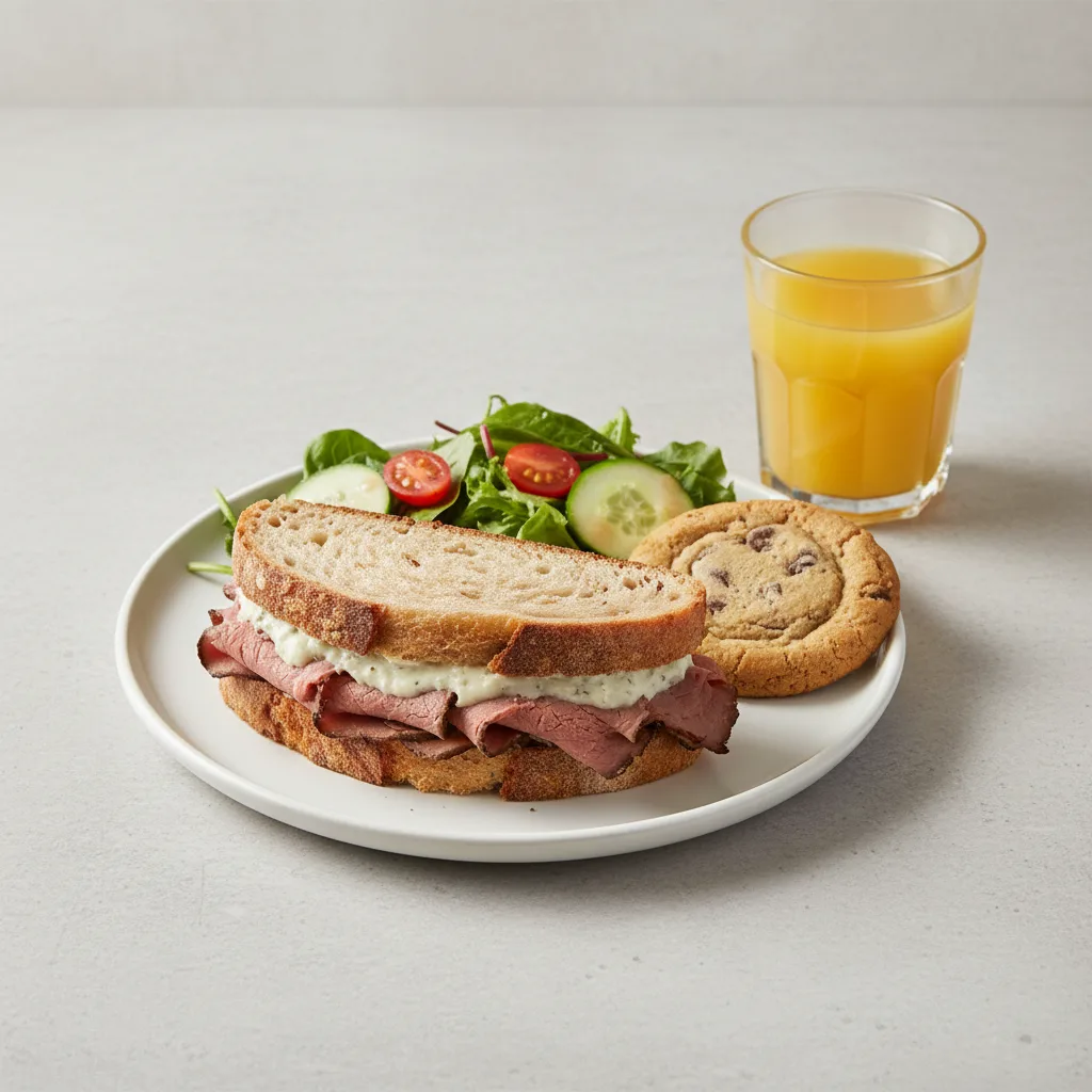 Roast Beef Sandwich, House Salad, Cookie, Orange Juice Roast Beef Sandwich, House Salad, Cookie, Orange Juice