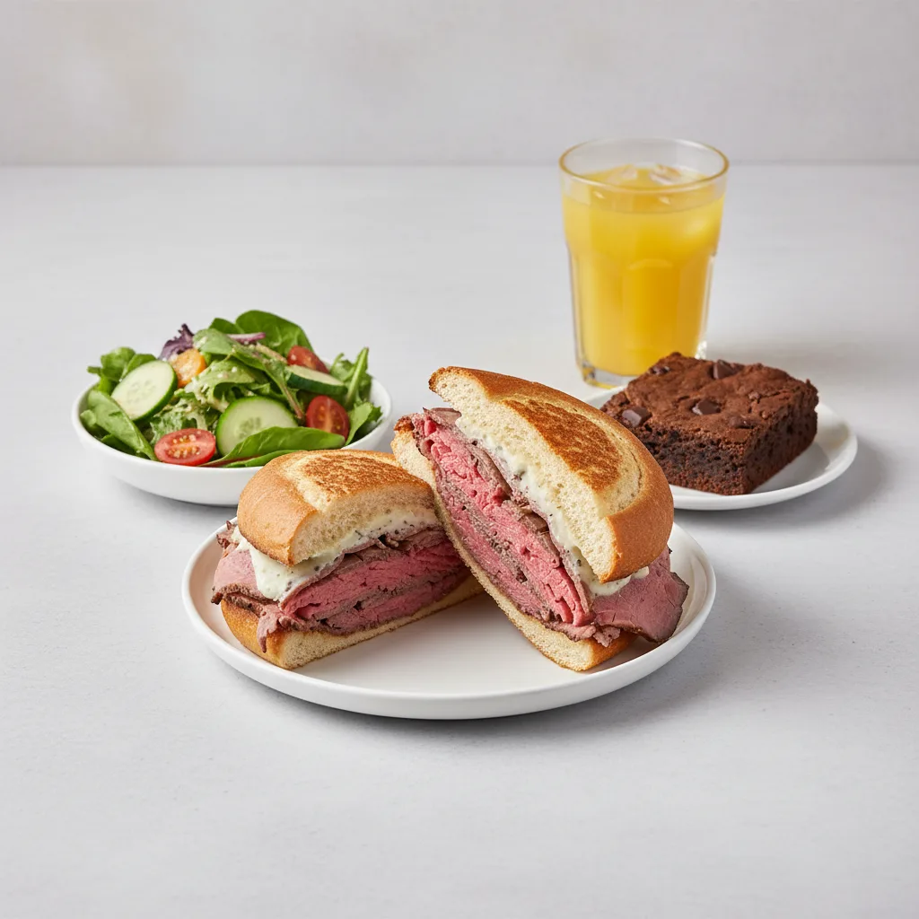 Roast Beef Sandwich, House Salad, Brownie, Orange Juice Roast Beef Sandwich, House Salad, Brownie, Orange Juice
