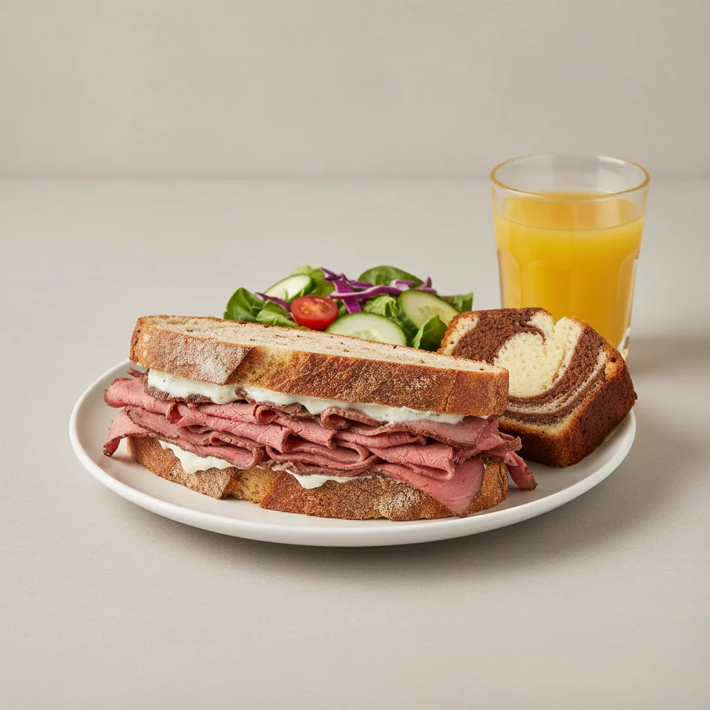Roast Beef Sandwich, House Salad, Poundcake, Orange Juice Roast Beef Sandwich, House Salad, Poundcake, Orange Juice