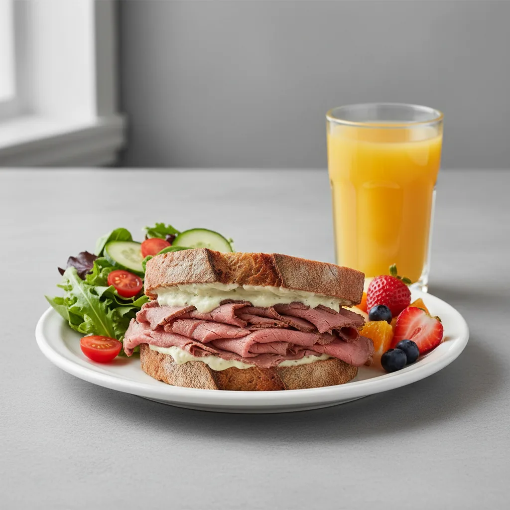 Roast Beef Sandwich, House Salad, Fruit, Orange Juice Roast Beef Sandwich, House Salad, Fruit, Orange Juice