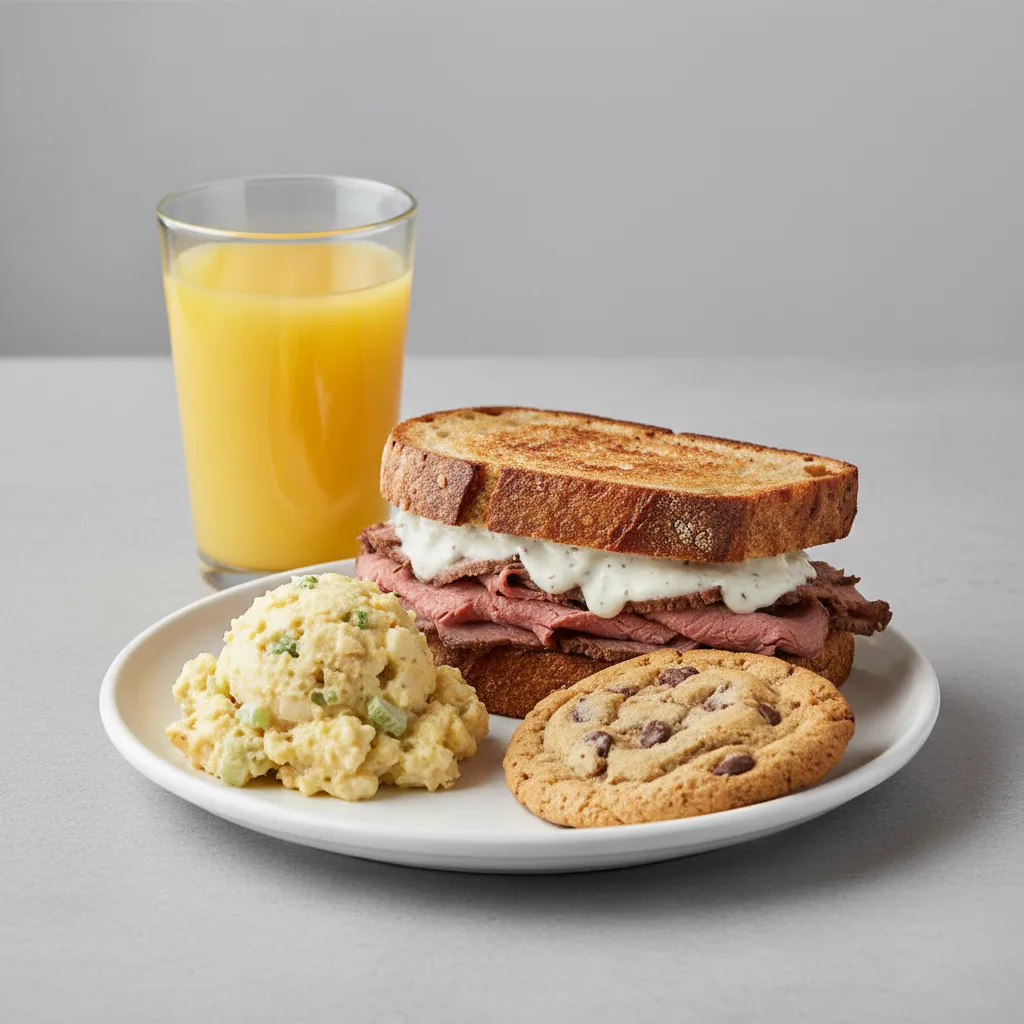 Roast Beef Sandwich, Potato Salad, Cookie, Orange Juice Roast Beef Sandwich, Potato Salad, Cookie, Orange Juice
