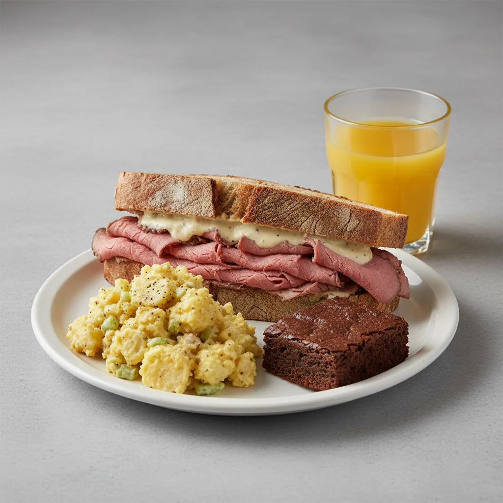 Roast Beef Sandwich, Potato Salad, Brownie, Orange Juice Roast Beef Sandwich, Potato Salad, Brownie, Orange Juice