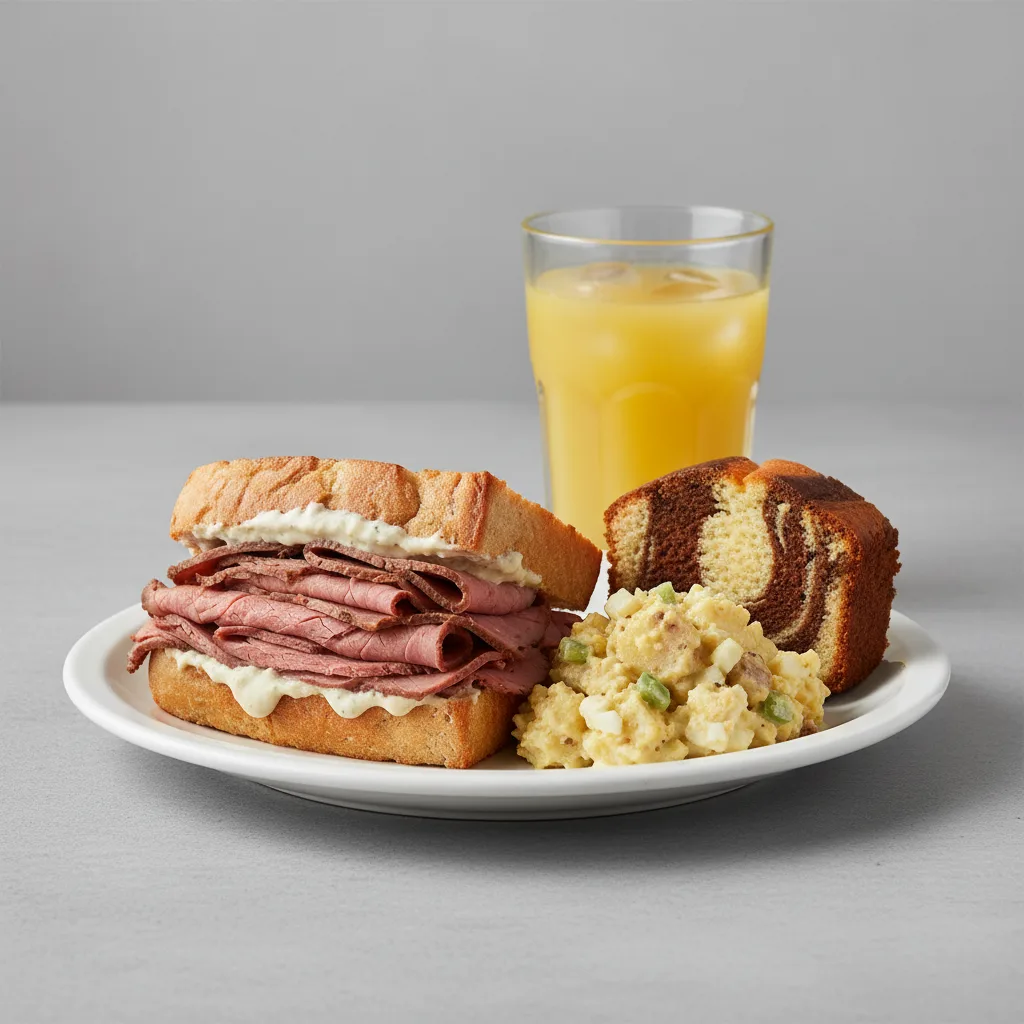 Roast Beef Sandwich, Potato Salad, Poundcake, Orange Juice Roast Beef Sandwich, Potato Salad, Poundcake, Orange Juice
