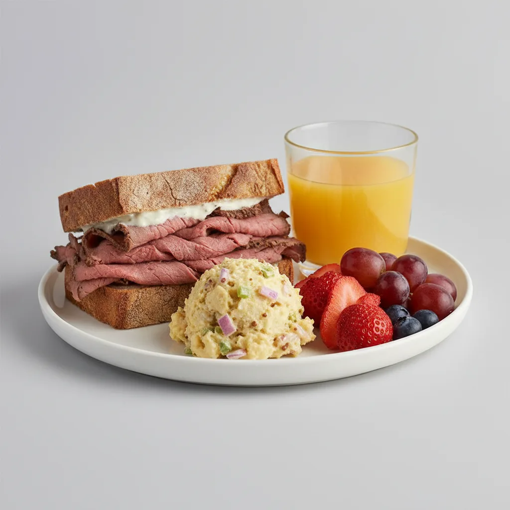 Roast Beef Sandwich, Potato Salad, Fruit, Orange Juice Roast Beef Sandwich, Potato Salad, Fruit, Orange Juice