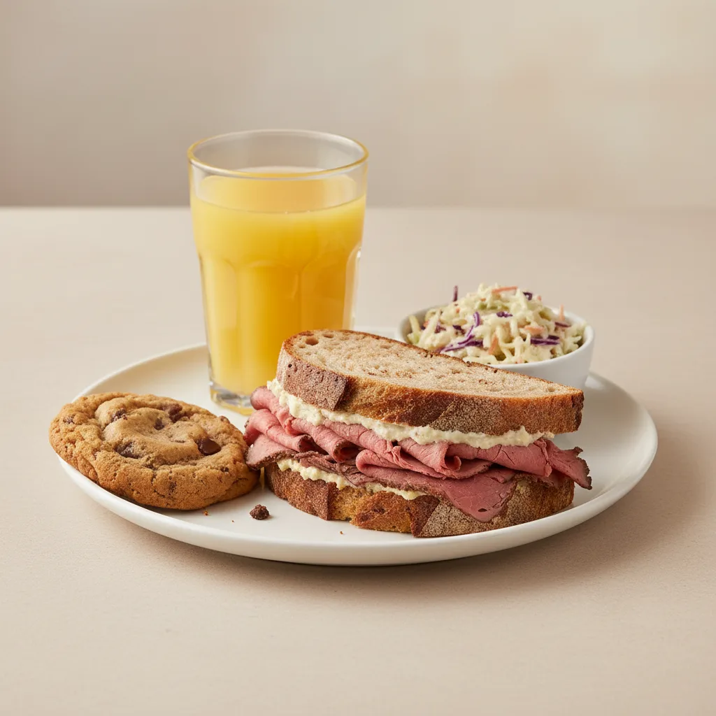 Roast Beef Sandwich, Coleslaw, Cookie, Orange Juice Roast Beef Sandwich, Coleslaw, Cookie, Orange Juice