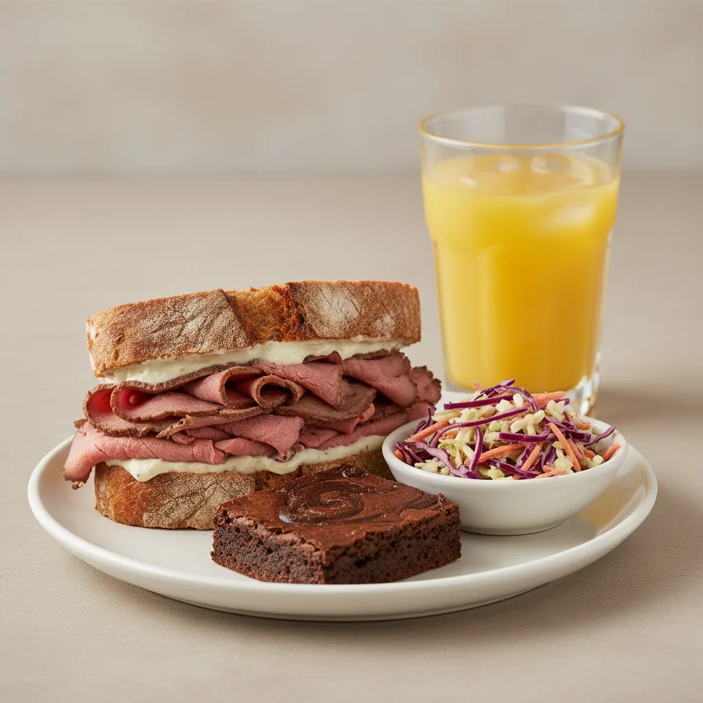 Roast Beef Sandwich, Coleslaw, Brownie, Orange Juice Roast Beef Sandwich, Coleslaw, Brownie, Orange Juice