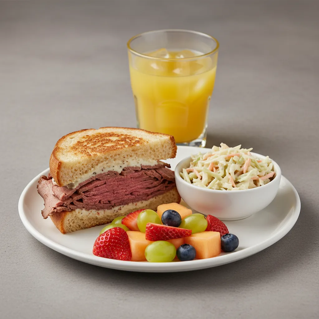 Roast Beef Sandwich, Coleslaw, Fruit, Orange Juice Roast Beef Sandwich, Coleslaw, Fruit, Orange Juice