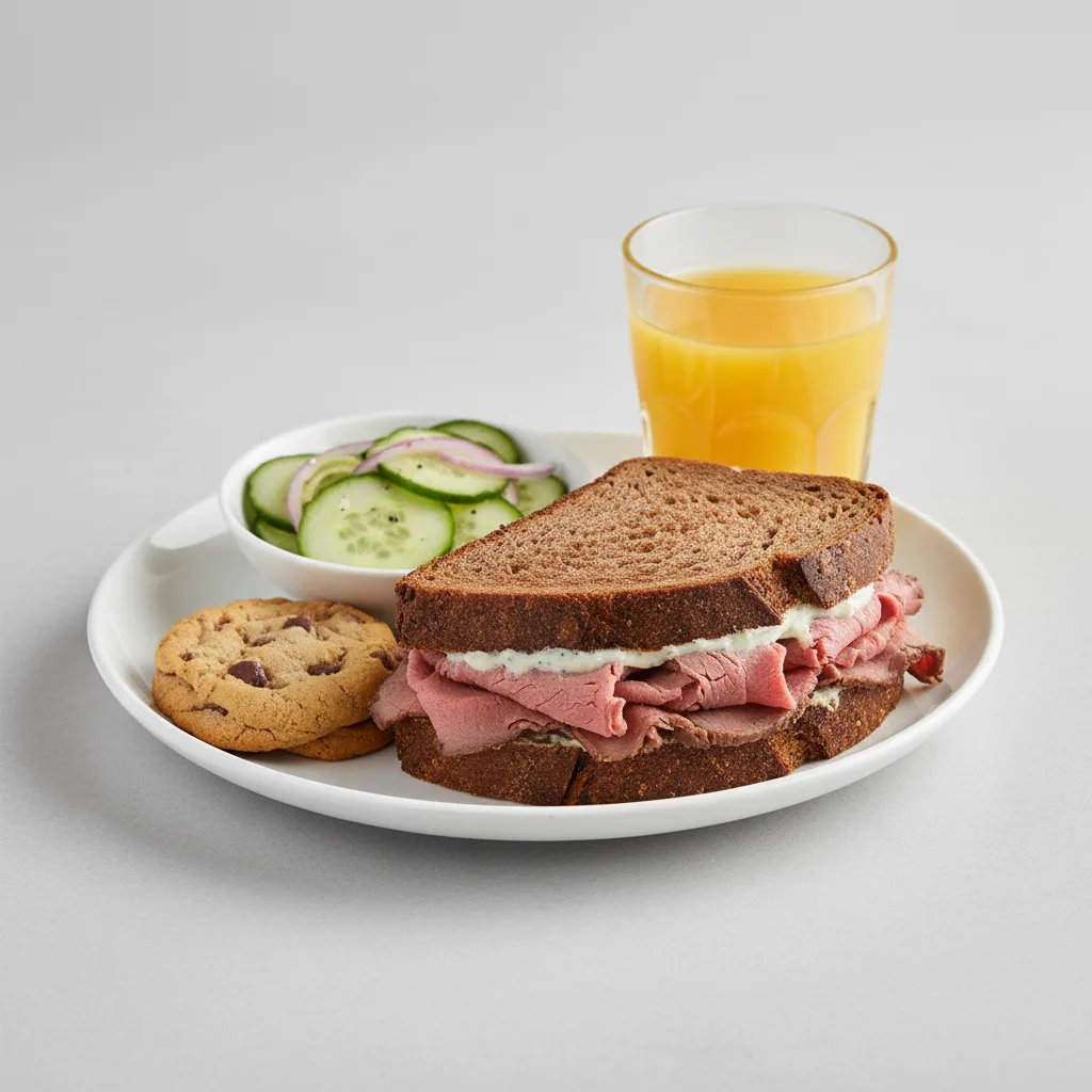 Roast Beef Sandwich, Cucumber Salad, Cookie, Orange Juice Roast Beef Sandwich, Cucumber Salad, Cookie, Orange Juice