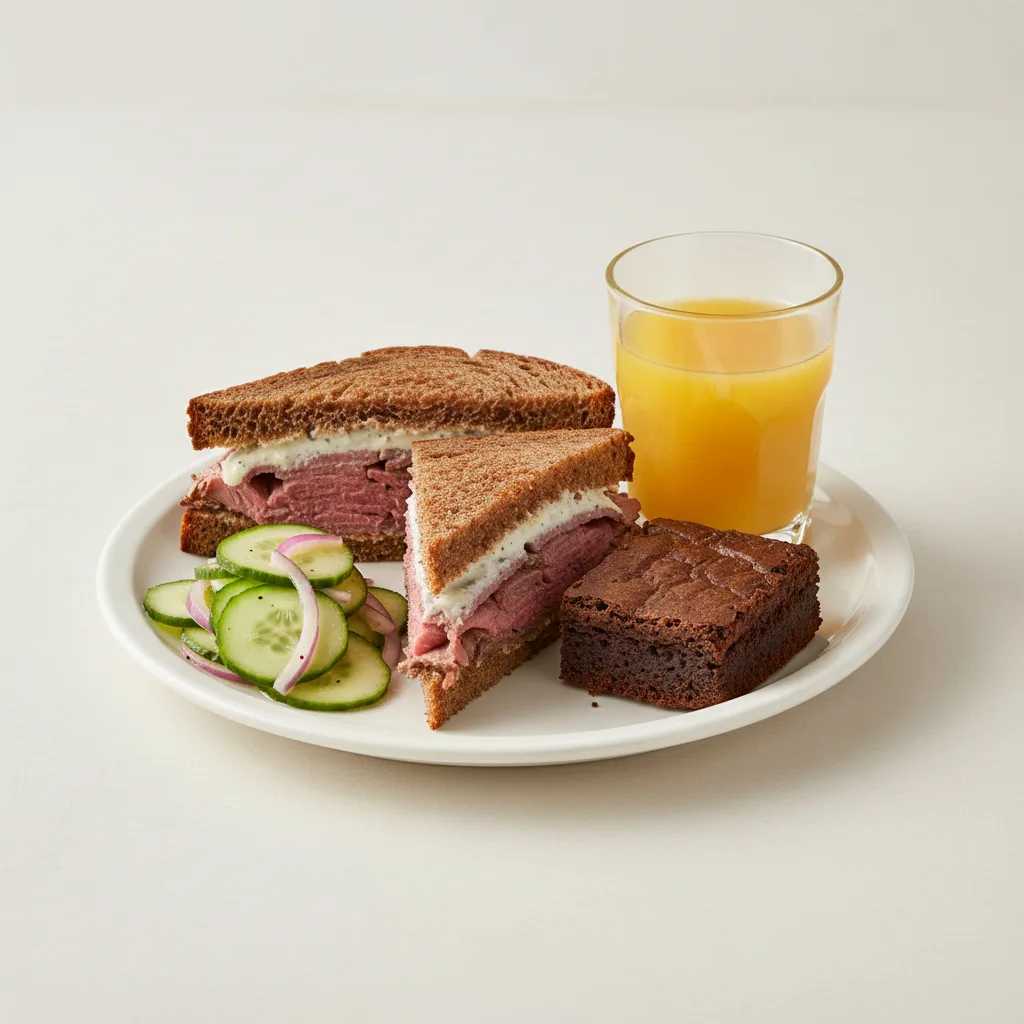 Roast Beef Sandwich, Cucumber Salad, Brownie, Orange Juice Roast Beef Sandwich, Cucumber Salad, Brownie, Orange Juice